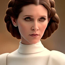 stunning half-body-portrait photo of princess leia from Star Wars played by Carrie Fisher, wlop, artgerm, akihiko yoshida, and liang xing, detailed face, doe eyes, intricate braided hair style, symmetrical eyes, trending on artstation, highly detailed, white dress, dynamic pose, intricate outfit, space ship and galaxy background