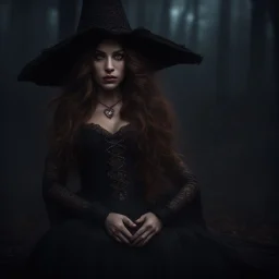 Witch with long brown hair and eyes, heart shaped lips, wearing dress and robesintricate details, HDR, beautifully shot, hyperrealistic, sharp focus, 64 megapixels, perfect composition, high contrast, cinematic, atmospheric, moody