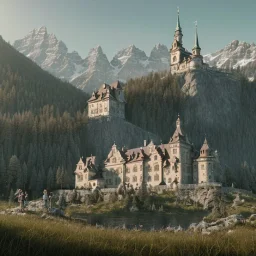 Family posing for a picture in front of an Austrian castle, Alps, 8k, HD, cinematography, photorealistic, Cinematic, Color Grading, Ultra-Wide Angle, Depth of Field, hyper-detailed, beautifully color-coded, insane details, intricate details, beautifully color graded, Cinematic, Color Grading, Editorial Photography, Depth of Field, DOF, Tilt Blur, White Balance, 32k, Super-Resolution, Megapixel, ProPhoto RGB, VR, Halfrear Lighting, Backlight, Natural Lighting, Incandes