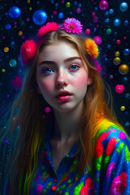 beauty teenage girl in space, octane render, HDR, beautiful girl, ultra detailed eyes, mature, plump, thick, Opal drops, flower teardrops, woman Made up from paint, entitely paint, splash, long colored hair, blouse made from flowers, ultra detailed texture, blouse, oplaescent paint blouse, paint bulb, water drops, (hair ornaments, earrings, flowers, hair ornaments, dragonfly hair ornaments), outdoors, vivid colors, sitting, bangs pinned back, 8K