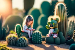 cacti garden, two cute fluffy chibi creatures, one kneeling and planting cacti, the other watching with arms folded in sunshine, ethereal, cinematic postprocessing, dof, bokeh