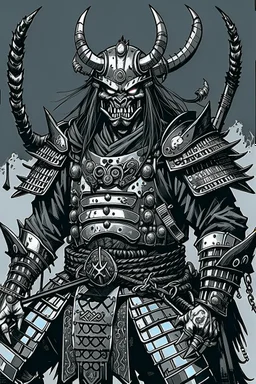 Armoured Samurai with oni mask ,manga, from 1980 dark fantasy, style by Kentaro Miura