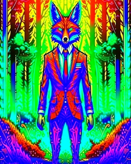 Arte lineal de Fox humanoide futurista, traje de corbata, arte conceptual, calidad ultra, hiperdetallado, maximalista, 12k, full body fondo bosque