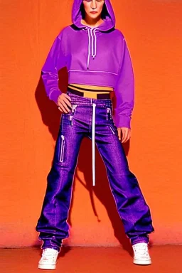 year 1999 women fashion, Techno, rave, Loose, straight, suit, low waist light trousers, t-shirt, new kind of hoodie with high tippet, which goes down along zipper! Colors: all denim colors, purple, khaki, lilac, plum, orange, terracotta, red, pink, dark blue, beige. Patterns: lynx, balls, stripes. lynx belt. starling or owl prints. Women models. Missy Elliot, Sandra Bullock, Milla Jovovich, Big tennis shoes on. Latex, denim and leather. Hat with a visor, integrated to AKG-style headphones.