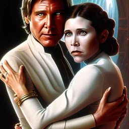 old carrie fisher embracing harrison ford in star wars, waist up portrait, photorealistic faces, intricate, oil on canvas, masterpiece, expert, insanely detailed, 4k resolution, cinematic smooth, intricate detail , soft smooth lighting, soft pastel colors,