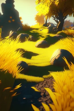 brilliant raytraced game map with yellowish grass, 4k, nvidia graphics, volumetric light, depth of field, autumn, trending art, fantasy art, knight