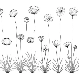 set of grow wind flowers on the grace, SIMPLE ONE lineS art, white background, minimalis, different view, only white bakcground solid.