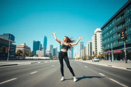 modern city wide street,pretty city scape at background ,blue sky , young beautiful ladies in pants and top ,hip-hop dancing