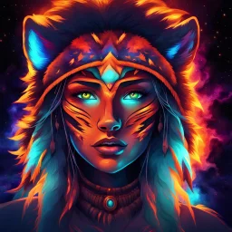 Cosmic dream face, woman, neon, abstract, amazing shadow and lightning, 4k, cinematic, glowing eyes, cosmic, face, dream, space, stars, amazing, art, glowing, fire, fantasy, crazy, ultimate, club, insane, hippie, native american, digital painting, watercolor, wolves, bears, eagles