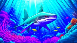 Comic style, realistic coloring, underwater, coral reef, shark