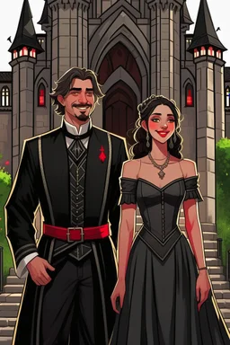 Strahd von Zarovich smiling, dressed in black and Ireena Kolyana frowning, wearing a wedding dress standing outside Castle Ravenloft in the illustrated style of dungeons and dragons