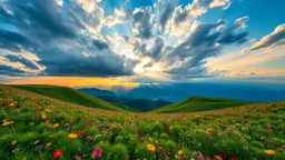 beautiful Green hills covered with flowers colorfull ,blue sky heavy clouds with godray at sunset ,very nice flowers at closeup ,wonderfull mountains at distance