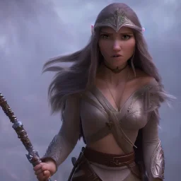 A elven female dressed in jedi-inspired monk robes holding a sword with a crystal blade that emitts a faint green glow. Passive stance, Jessica Alba, MIla kunis, Emma stone, Detailed face, Full body portrait. Hyper detailed, Photo realism, Hyper realism, Unreal engine