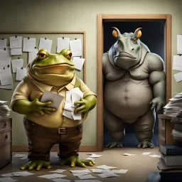 in front the camera be seen up to the waist a fat yellow-green color angry anthropomorphic frog in simple human cloths and take his hands many paper in office, on the wall hang an wall board with some written sheets of paper, behind in background an big strong gray anthropomorphic rhinoceros standing in blue jeans , t-shirt behind in halb open door , dark colors, detailed 3d, sci-fi, fantasy mood