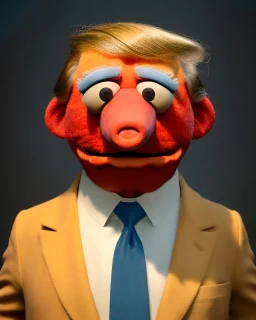 Waist up Portrait, Donald trump muppet, Sesame Street style, retro style, photo studio, unreal engine 5, god lights, ray tracing, RTX, lumen lighting, ultra detail, volumetric lighting, 3d.