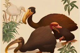 John James Audubon-like illustration of a fully uncropped Dodo bird and a Platypus in a chinoiserie landscape of warm yellows, warm reds, and warm blues