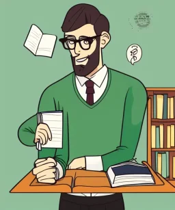 Fit man in round glasses with bookshelf in background,no beard, reading book, slim, tie, monotone, green eyes, comic book style, two tone colours, detailed, ink, realistic, handsome, square jaw, big brows, no jacket, bird on the shoulder, spotlight