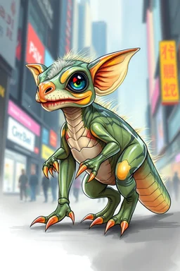 transparent gremlin sleek alien dinosaur weasel with cute fur, in big cyberpunk city crossover, volume light and motion blur, airbrush and pen outline