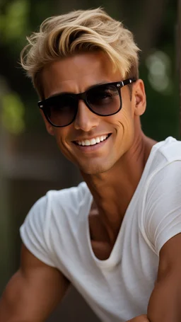 35year old man very handsome with lightly tanned skin. blonde hair cut short, clean shaven. friendly smile