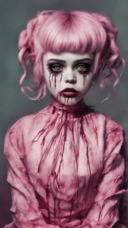 full color, illustration of a darkred and pink tones, menacing, Singer Melanie Martinez face, as a decayed, broken, skin turned translucent, black veins that extended like roots beneath her skin, latex suit, crude homemade cloth doll toy, with a narrow cracked porcelain face, thick dark eyebrows, hair in two gradually, made from ragged strips of cloth, in the style of Alex Pardee, Tim Burton, and Nadya Sheremet