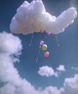 Ultra realistic clouds sky scene, wide angle, medium shot view, portrait, sweet Child, free jumping flying, trinkets, monster hair, jelly beans, balls, smile, happy, circus style, inflatable color clothing, extreme, wind, clouds sea, 20,000 feet altitude, stratosphere, soft color, highly detailed, unreal engine 5, ray tracing, RTX, lumen lighting, ultra detail, volumetric lighting, 3d, finely drawn, high definition, high resolution.