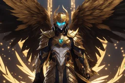 Ra in 8k solo leveling shadow artstyle, golden them, neon effect, big white wings, feathers, full body, apocalypse, intricate details, highly detailed, high details, detailed portrait, masterpiece,ultra detailed, ultra quality
