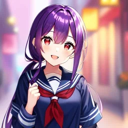 girl, masterpiece, best quality, volumetric lighting, detailed outfit, perfect eyes, long hair, purple hair, red eyes, twin low ponytail, school outfit, laughing,