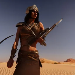 badass persian warrior in the desert with hawk on her shoulder , atmospheric, realistic, unreal engine, cinematic lighting, octane render.