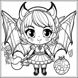 create a 2d black outline, " kawaii devil girl with bat wings coloring book for kids", coloring page, low details design, black contour, coloring page design, colorful , card style, coloring page for kids, halloween backgorund,sketch style,