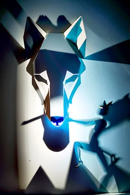 Illustration of shadow puppet, sculptural art where 2D shadows of a wolf silhouette is cast by a 3D sculpture or hand against a wall, creating the Illusions of depth and perception, art against a wall, ombromanie, shadowgraphy, Félicien Trewey