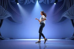 modern stage with gray-blue theme artistic decoration , color full dynamic lighting, a beautiful lady in pants and blouse with sport shoes dancing, 3D recursive fractal structure animating background