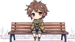 detailed color graphic art style, cute anime, detailed chibi face, sitting in modern-fantasy clothes on bench, messy hair dreamline background, pastel colors childbook style, highly detailed drawing, modern vibe, artwork, no photorealism