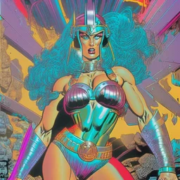 Mujer guerrera en armadura holográfica por MTV. Dibujo estilo comic pulp de 1980, barbaros.