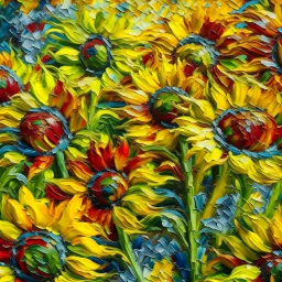 A vibrant field of sunflowers bursting with color, rendered in thick impasto strokes. Focus on the texture of the petals and the movement of the leaves in the breeze.