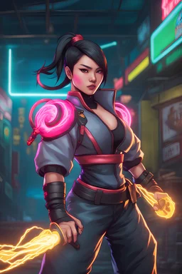 vietnamese woman combatant with electric powers,she's wearing a neon form valorant like outfit,vietnamese culture on her design,hunter x hunter style,jojo style,Street Fighter Style,Mortal Kombat Style, Tekken Style,urbancore, Kof Style,league of legends style,gen x soft club style,2000s Cartoon Style,adult swim style,Killer Instinct Style,Final Fantasy Style,todd Mcfarlane Style,mike mignola style