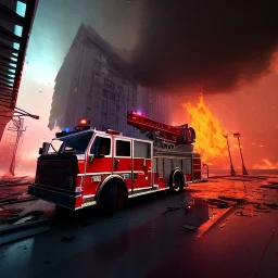 burning building, city, firetruck, run down, graffiti, vandalized, night time, destroyed buildings , unity, scriptable render pipeline , lighting , volumetric , global illumination, skybox , foggy .