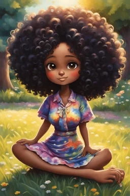 An whimsical oil painting art image of a chibi black cartoon of a curvaceous woman with flowing of tight curly afro of black hair that's highly detailed, wearing a tie dye maxi dress. She sits relaxed on the grass facing the warm sunlight, which illuminates her face as she looks to the side with a small smile, accentuating her prominent makeup and brown eyes. with green and hot pink roses all around