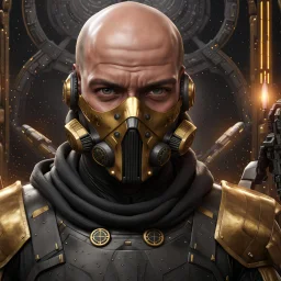 star wars bald male corellian pilot wearing pearlescent black and gunmetal grey First Order special forces heavy assault stealth commando armor and helmet with gold trim inside the jedi temple, hyperdetailed, dynamic lighting, hyperdetailed background, 8k resolution, volumetric lighting, light skin, fully symmetric details