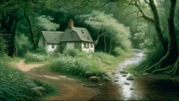 cottage in a woodland with pathway and river