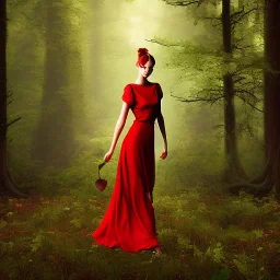 Girl with red dress in the forest, surrealism