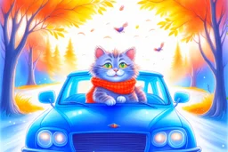Cute little happy cat scarecrow riding a luxury car, forest path background, winter, snowflakes swirling, waterfall, reflection, mist, sunrise, smooth intricate photorealistic hyperrealistic high definition beautiful lighting pencil sketch watercolor dramatic lighting storybook illustration polished Deep shadows deep color warm light shiny glitters