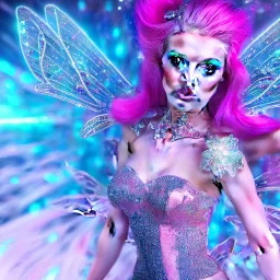 1 full body shot,masterpiece galactic pink metalic,A portrait of a crystalline fairy,white skinned, sparkling eyes, fluorescent skin,pink makeup, magnificent, majestic, fairy style,long sparkling hair bleu blond, blue eyes, sparkling fluorescent skin, highly intricate, Realistic photography, incredibly detailed, ultra high resolution, 8k, complex 3d render,