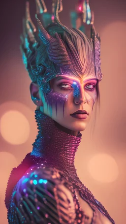 Kirlian Effect of a Sagittarius grand archer queen, captured by a Nikon D850, sci-fi color palette , soft dusk lighting casting a dreamy glow, gentle drizzle adding a touch of mystique mixed with ultra futuristic zombie punk