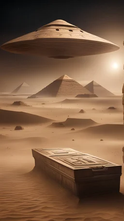 Hyper Realistic UFO spaceships outside Egyptian mummy coffins outside Pyramids with sandstorm at dark night