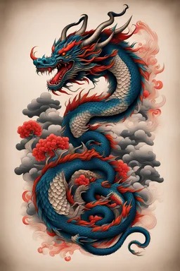 Create a captivating 2d colorfull Classic Japanese Dragon tattoo design for print , using the elegant influences of Classic japan art style, for print, and bold Japanese art aesthetics, framing centered in the center, distanced from the edges of the paper perimeter, perfect anatomy, bauhaus, Divine Proportion.