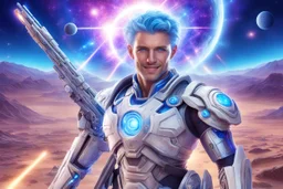 cosmic warrior men, with beautiful face, smiling, with light blue eyes and strong cosmic hi tech weapons, in a magic extraterrestrial landscape with coloured land, stars and bright beam in the sky