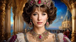 Portrait of the beautiful Sophie Marceau at age 18 at the Imperial Ball at Versailles, 19th century, with ruby ​​necklace and earrings, focus on the face, crowded, gorgeous interior, with stunningly intricate detail - a brilliant masterpiece of filigree digital art. fantasy by Josephine Wall and Cyril Rolando. concept art, centered composition, ideal composition, centered, complex pose, intricate, watercolor, artstation trends, sharp focus, studio photography, intricate details, high detail, Gre