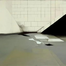 Minimal contemporary abstract oil paintings of desolate 1960s carpark with road markings and concrete fragments. Overlay with grungy typography graphics. style of Justin Mortimer and Francis Bacon.