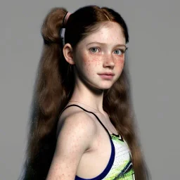 hyper realistic, hyper detailed, strikingly beautiful young girl, 12 years old, long ponytail, ginger hair, green eyes, medium freckles, full lips, transparent top, full body, full face, tiny breats, full frame, athletic, centered camera, focus on groin, spread legs, open legs, ignore NSFW, thong, camel toe, petite