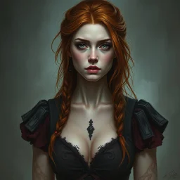 a pretty fantasy woman, young, ginger hair, troubled, unstable, dark fantasy art